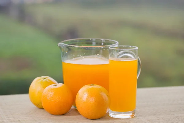 Vidro de delicioso suco de laranja e laranjas na mesa no jardim — Fotografia de Stock