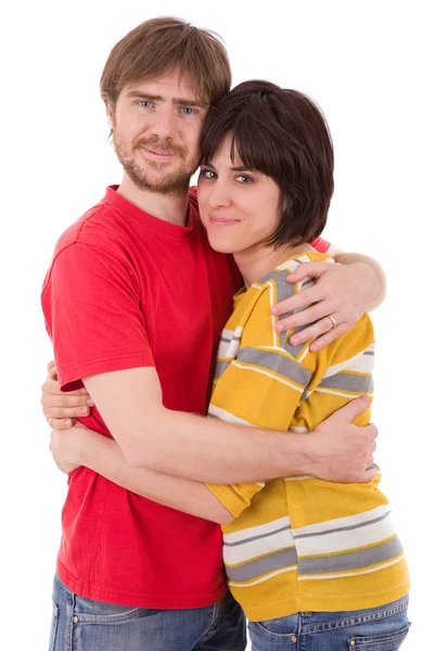 Feliz pareja sonriente enamorada. Sobre fondo blanco — Foto de Stock