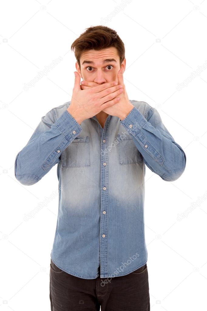 Man covering his face, isolated on white background