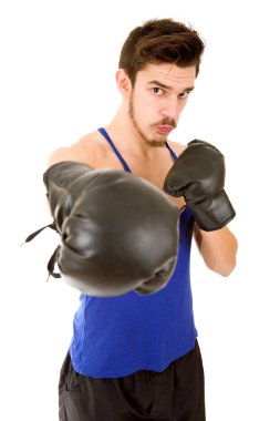 adam beyaz arka plan üzerinde izole siyah boks eldivenli Delme.