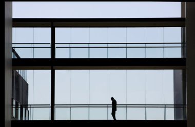 Modern ofis binasında panoramik pencereli genç bir iş kadınının silüeti..