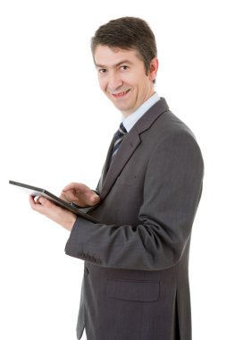 Dokunmatik tablet bilgisayarı kullanan işadamı, izole