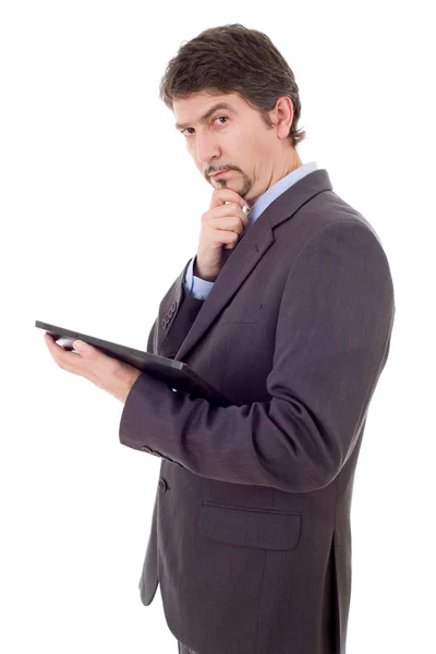 Hombre de negocios con almohadilla táctil de la tableta PC, aislado —  Fotos de Stock