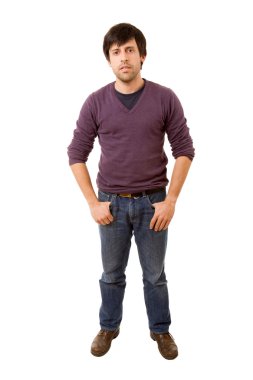 Beyaz arka planda genç, sıradan bir adam.