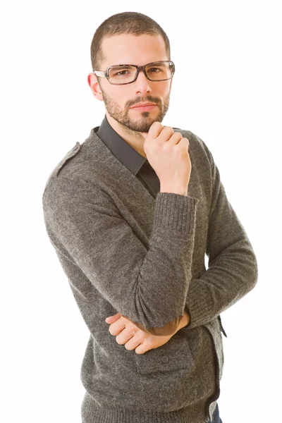 Retrato de hombre casual joven pensativo, aislado en blanco — Foto de Stock