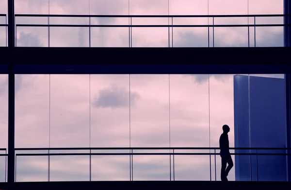 Silhouette Ansicht des jungen Geschäftsmannes zu Fuß in modernen Bürogebäuden Interieur — Stockfoto