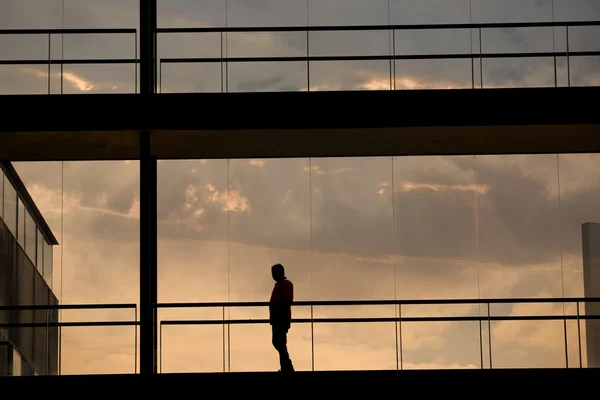 Vista silhueta de um jovem empresário num moderno edifício de escritórios interior — Fotografia de Stock