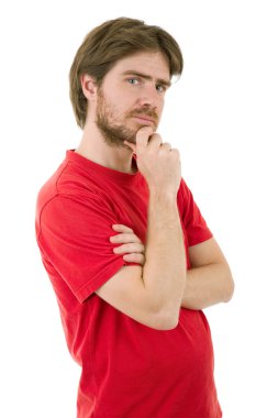 düşünme, üzerinde beyaz izole genç casual adam