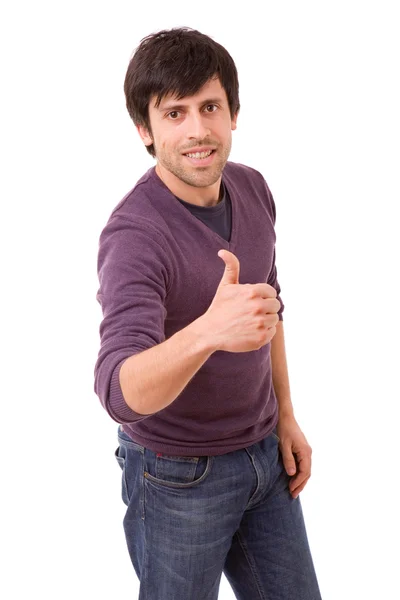 Молодий випадковий чоловік піднімається на великий палець, ізольований на білому тлі — стокове фото