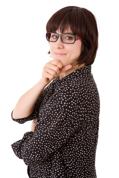 Portrait of a beautiful young woman thinking, isolated on white background — Stock Photo, Image