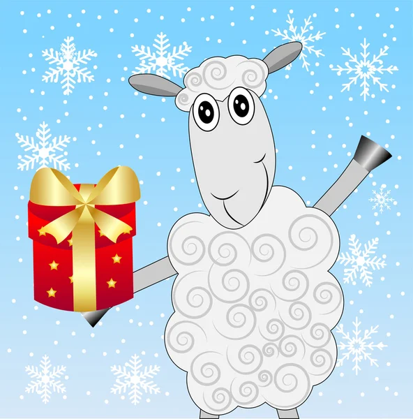 Merry sheep with a gift on a blue background with snowflakes — Stock Vector