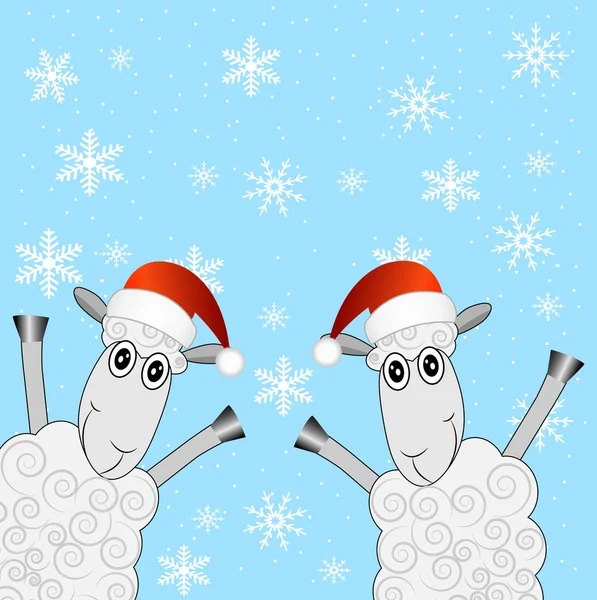 Dos ovejas están en gorras de Navidad — Vector de stock