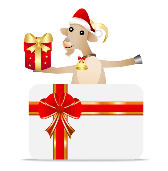 Merry goat with a gift and greeting-card — Stock Vector