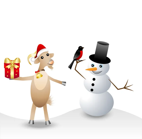 Merry goat with a gift, snow man and bullfinch — Stock Vector