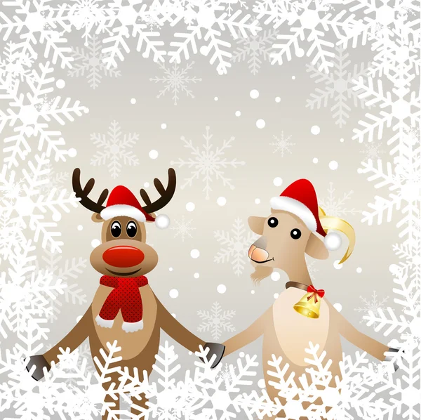 Merry goat in a christmas cap and elk — Stock Vector