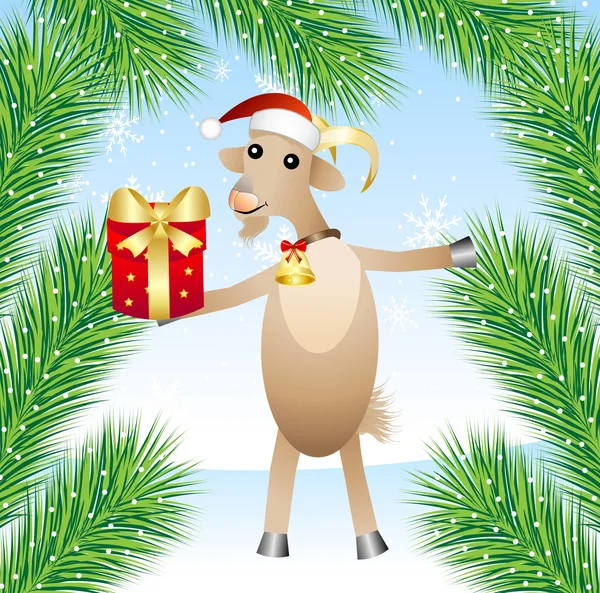 Merry goat with a gift — Stock Vector