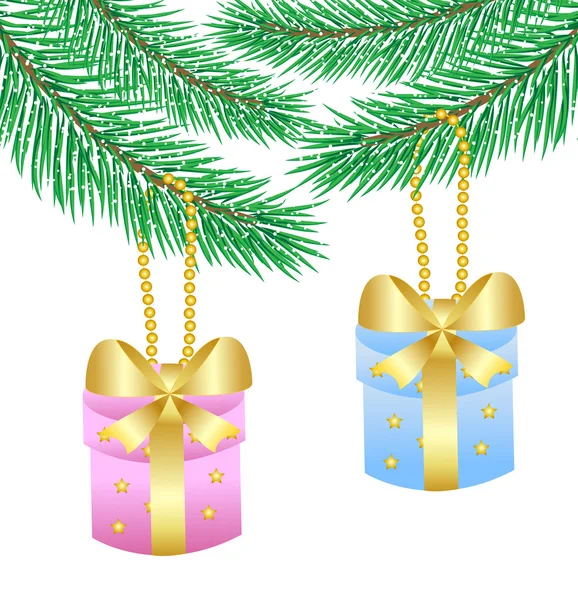 Twee geschenken hangen af van een kerstboom — Stockvector