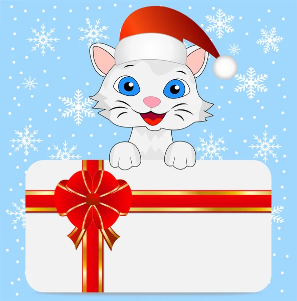 Merry kitten in a christmas cap and greeting-card — Stock Vector