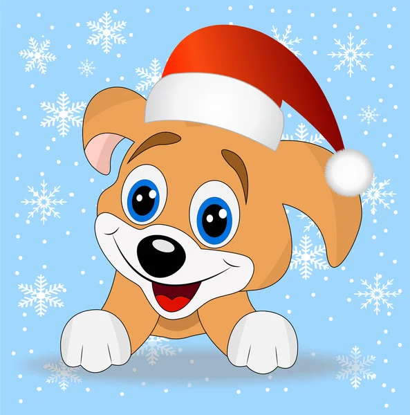 Merry puppy in a christmas cap — Stock Vector