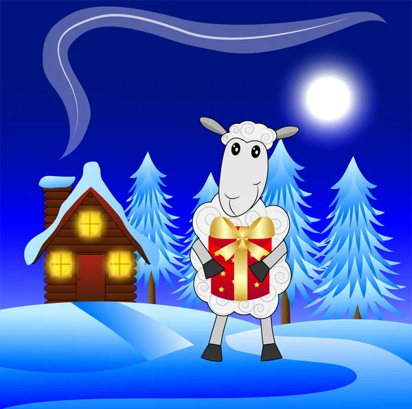 Glada fåren med en present på en bakgrund natt vinterlandskap — Stock vektor