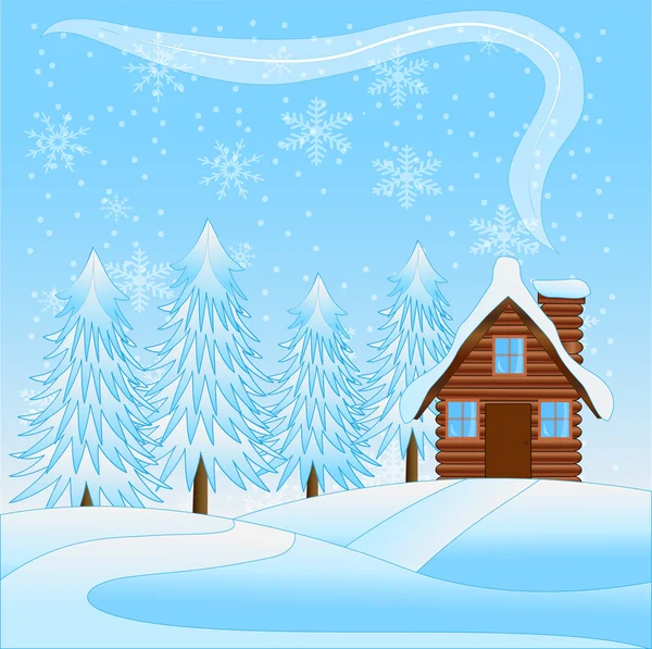 Beautiful  winter landscape with a wooden house and snow-bound t — Stock Vector