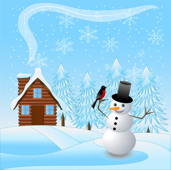 Merry snow man with a bullfinch on a background winter landscape — Stock Vector