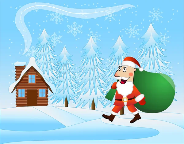 Feliz Santa Claus con el saco de regalos sobre un fondo de invierno — Vector de stock