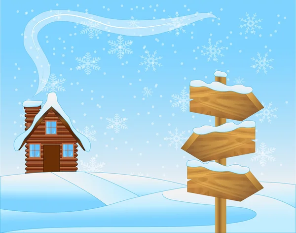 Paysage d'hiver avec une maison en bois et pointeur — Image vectorielle