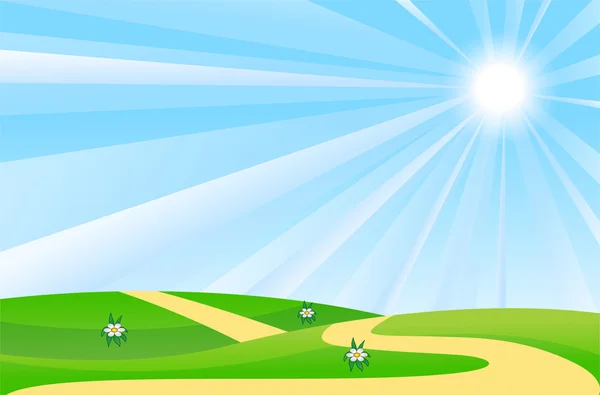 Літній пейзаж з зеленим газоном і сонцем на блакитному небі — стоковий вектор