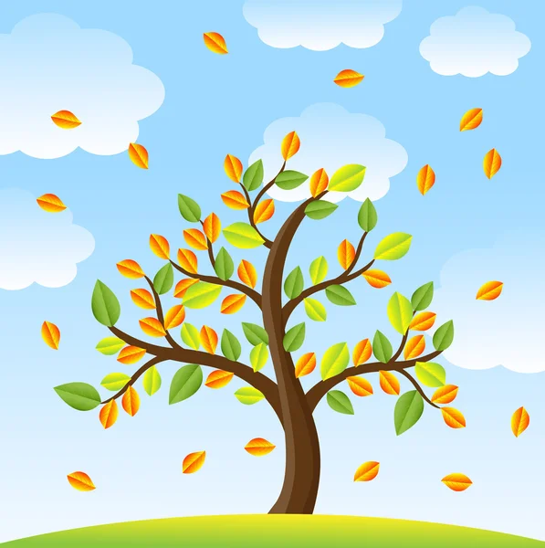 Árbol con hojas de otoño sobre un fondo cielo azul — Vector de stock