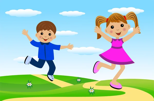 Joyeux fille et garçon dépêchez-vous sur un chemin — Image vectorielle
