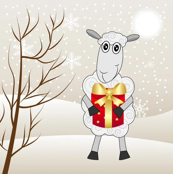 Merry sheep with a gift on a background winter landscape — Stock Vector