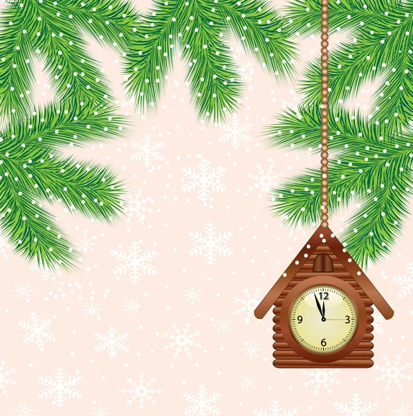 Reloj como una casa y ramas verdes del árbol de Navidad — Archivo Imágenes Vectoriales