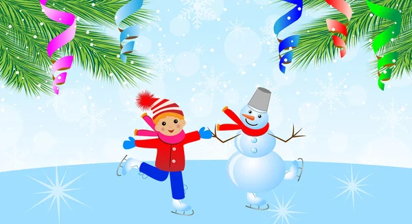 雪男人与男孩在溜冰鞋和枝上的圣诞树 — 图库矢量图片