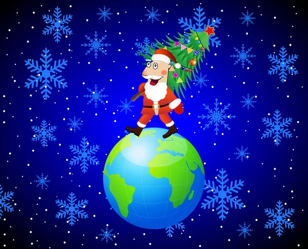Weihnachtsmann tritt mit Weihnachtsbaum auf die Erde — Stockvektor