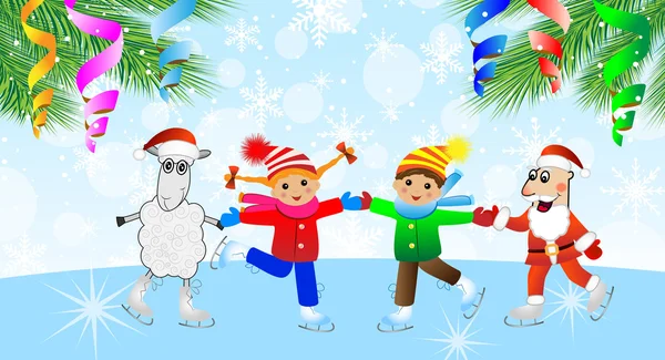 Père Noël, moutons et enfants en patins — Image vectorielle