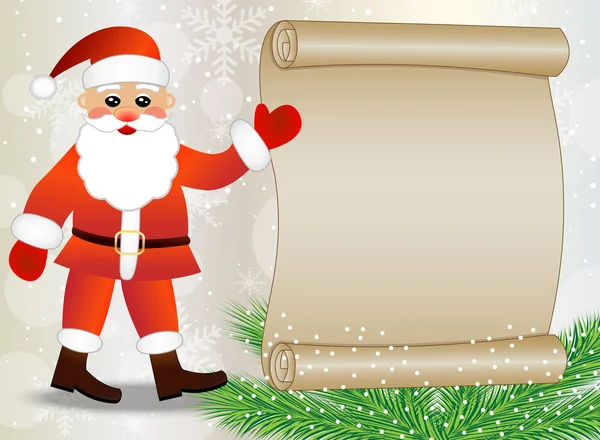 Санта-Клаус показує на аркуші паперу, різдвяний фон — стоковий вектор