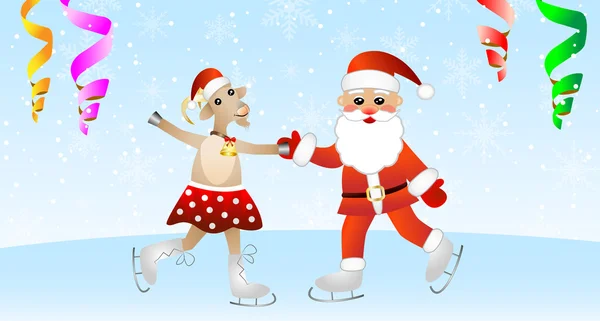 Wesołych Świąt koza w spódnicy i Santa claus na łyżwy — Wektor stockowy