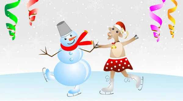 Merry get i en kjol och snö man på skridskor — Stock vektor