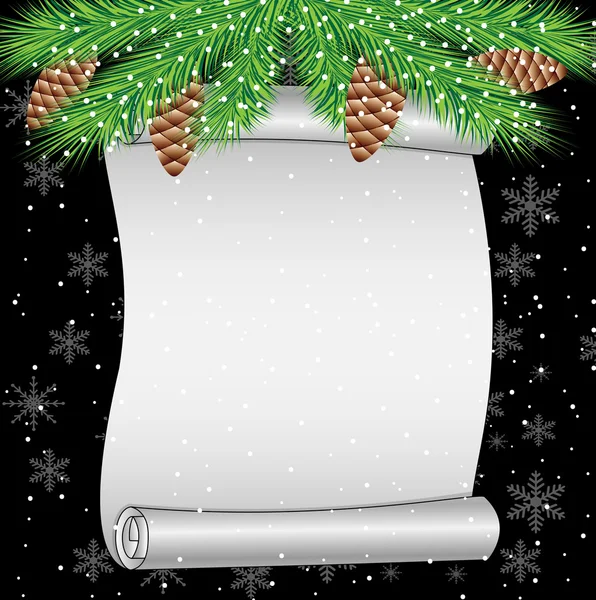 Blatt Papier und Zweig des Weihnachtsbaums mit Zapfen — Stockvektor