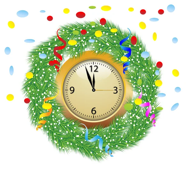 Chapelet de Noël avec horloge, serpentine et confettis — Image vectorielle