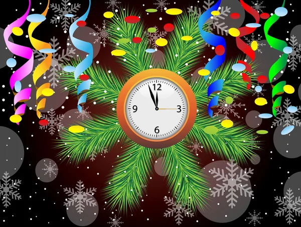 Postal de Navidad con un reloj, serpentina y confeti — Vector de stock