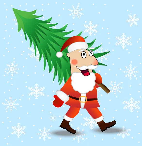 Santa Claus lleva un árbol de navidad verde — Vector de stock