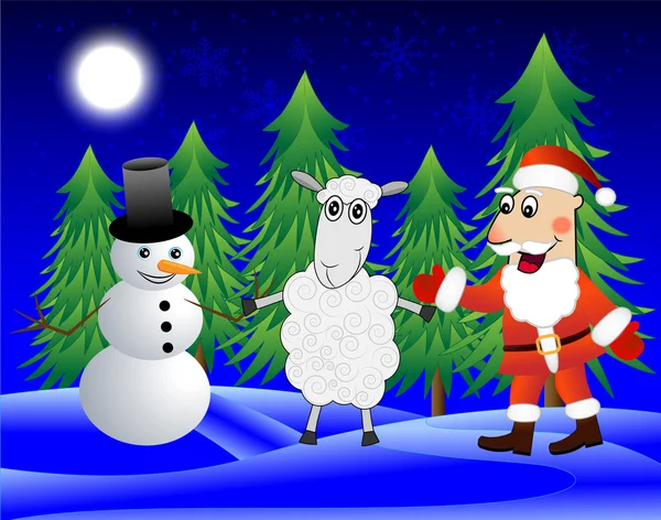 Santa claus, schapen en sneeuw man in het winter forest — Stockvector