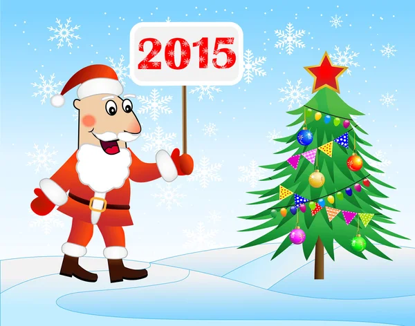 Santa claus, kerstboom en banner met getallen 2015 jaar — Stockvector