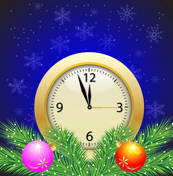 Poste festive avec horloge et branches vertes avec jouets — Image vectorielle