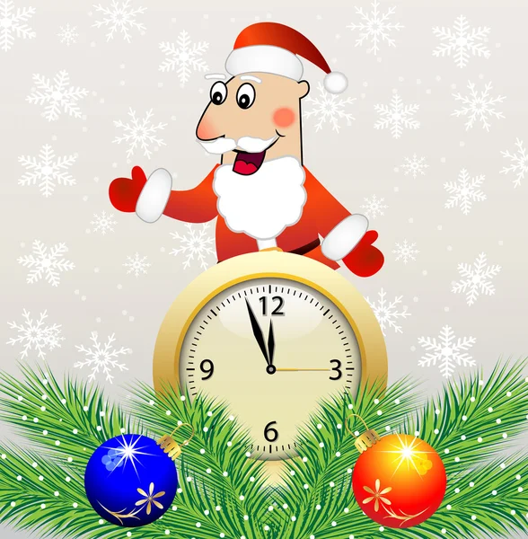 Santa Claus, reloj y ramas verdes con juguetes — Vector de stock