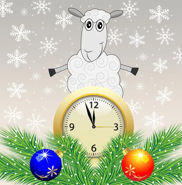 Sheep, clock and green branches with toys — Stock Vector