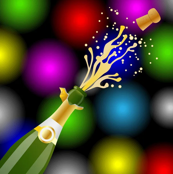 Bouteille ouverte de champagne et de liège sur un backgrou de Noël lumineux — Image vectorielle