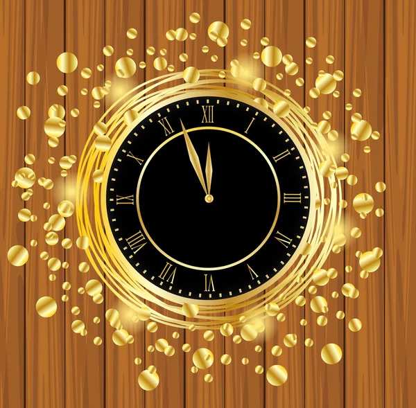 Reloj sobre un fondo de madera con lentejuelas de oro — Vector de stock